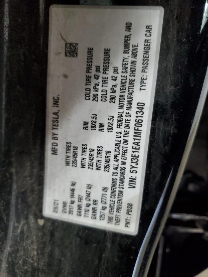 2021 Tesla Model 3 VIN: 5YJ3E1EA1MF061340 Lot: 63341315