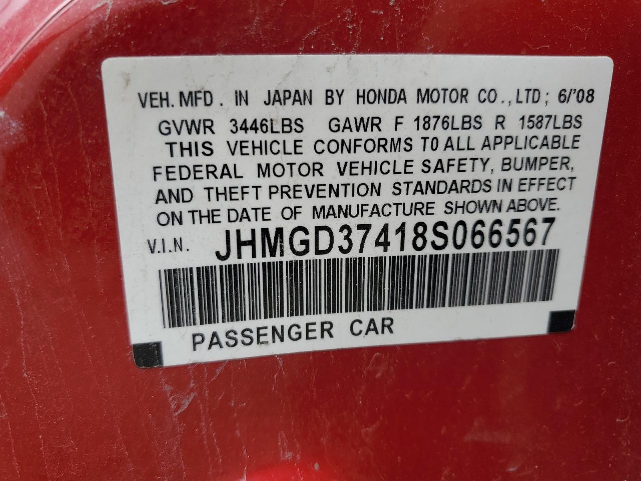 2008 Honda Fit VIN: JHMGD37418S066567 Lot: 86467565