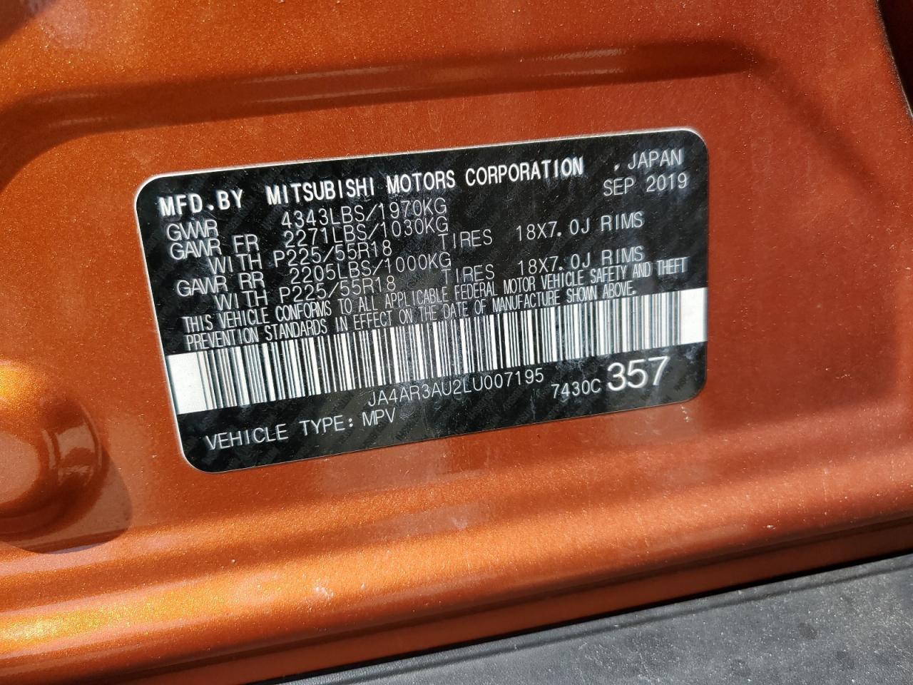 2020 Mitsubishi Outlander Sport Es VIN: JA4AR3AU2LU007195 Lot: 68154135