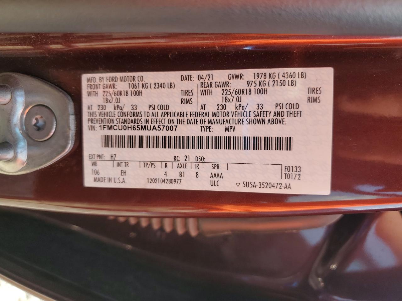 2021 Ford Escape Sel VIN: 1FMCU0H65MUA57007 Lot: 69351115