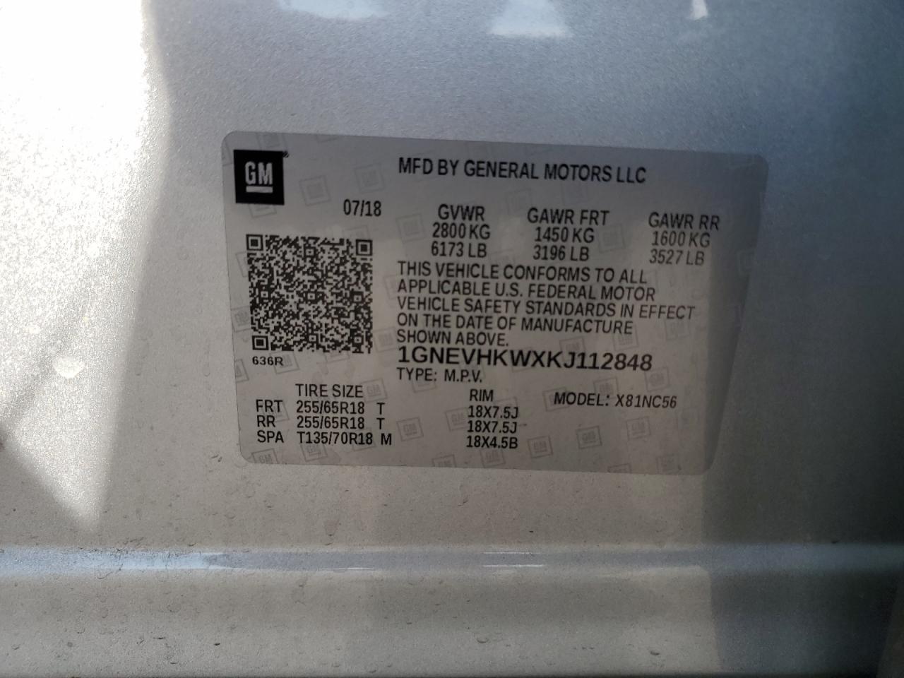 2019 Chevrolet Traverse Lt VIN: 1GNEVHKWXKJ112848 Lot: 67579305