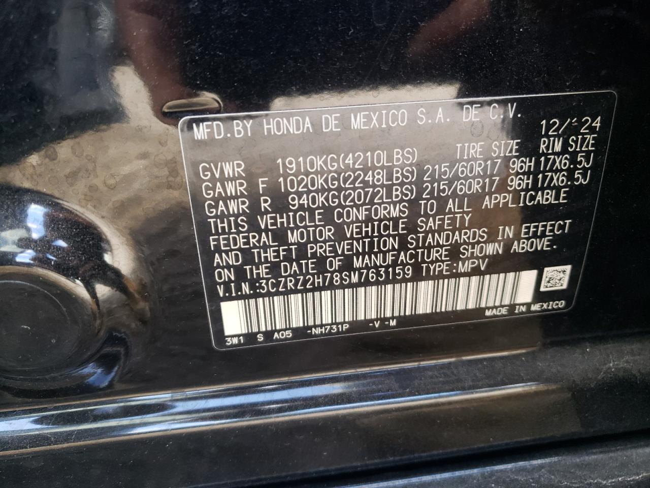 2025 Honda Hr-V Exl VIN: 3CZRZ2H78SM763159 Lot: 70118445