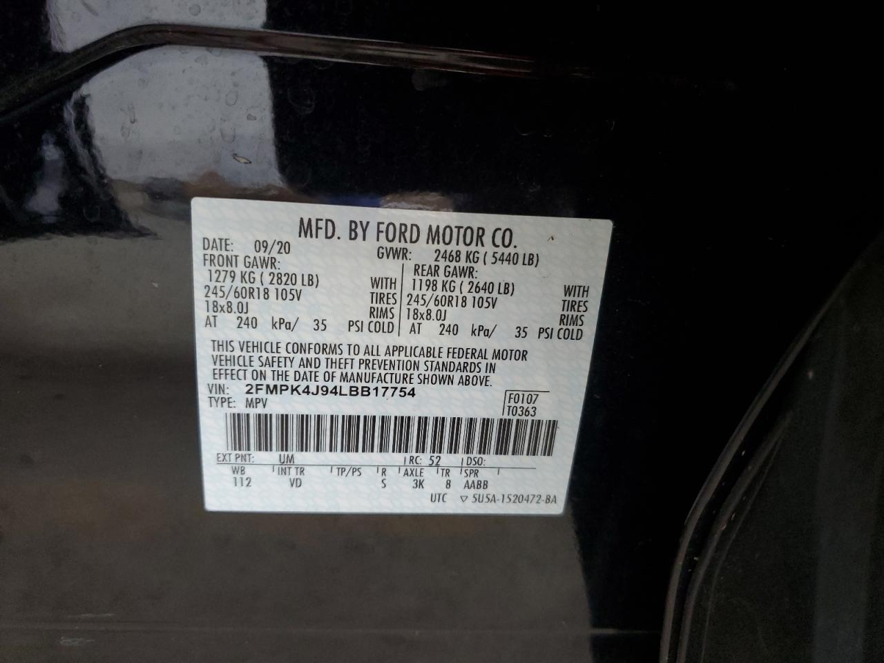 2020 Ford Edge Sel VIN: 2FMPK4J94LBB17754 Lot: 68720485