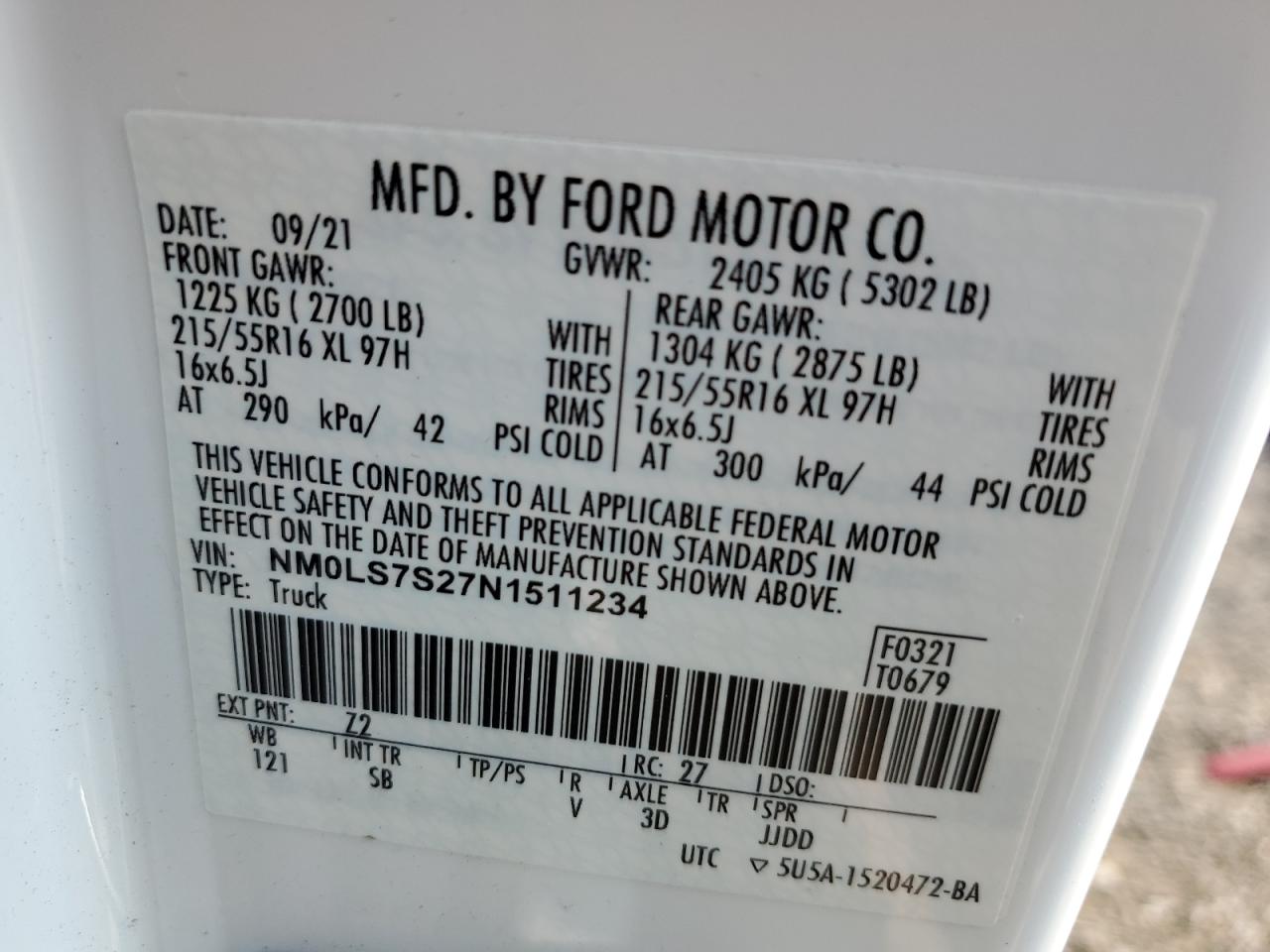 2022 Ford Transit Connect Xl VIN: NM0LS7S27N1511234 Lot: 67551895