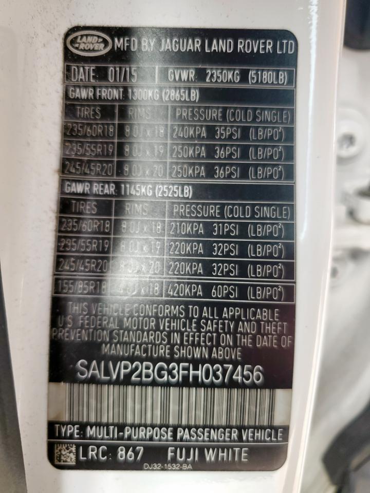 2015 Land Rover Range Rover Evoque Pure Plus VIN: SALVP2BG3FH037456 Lot: 70709915