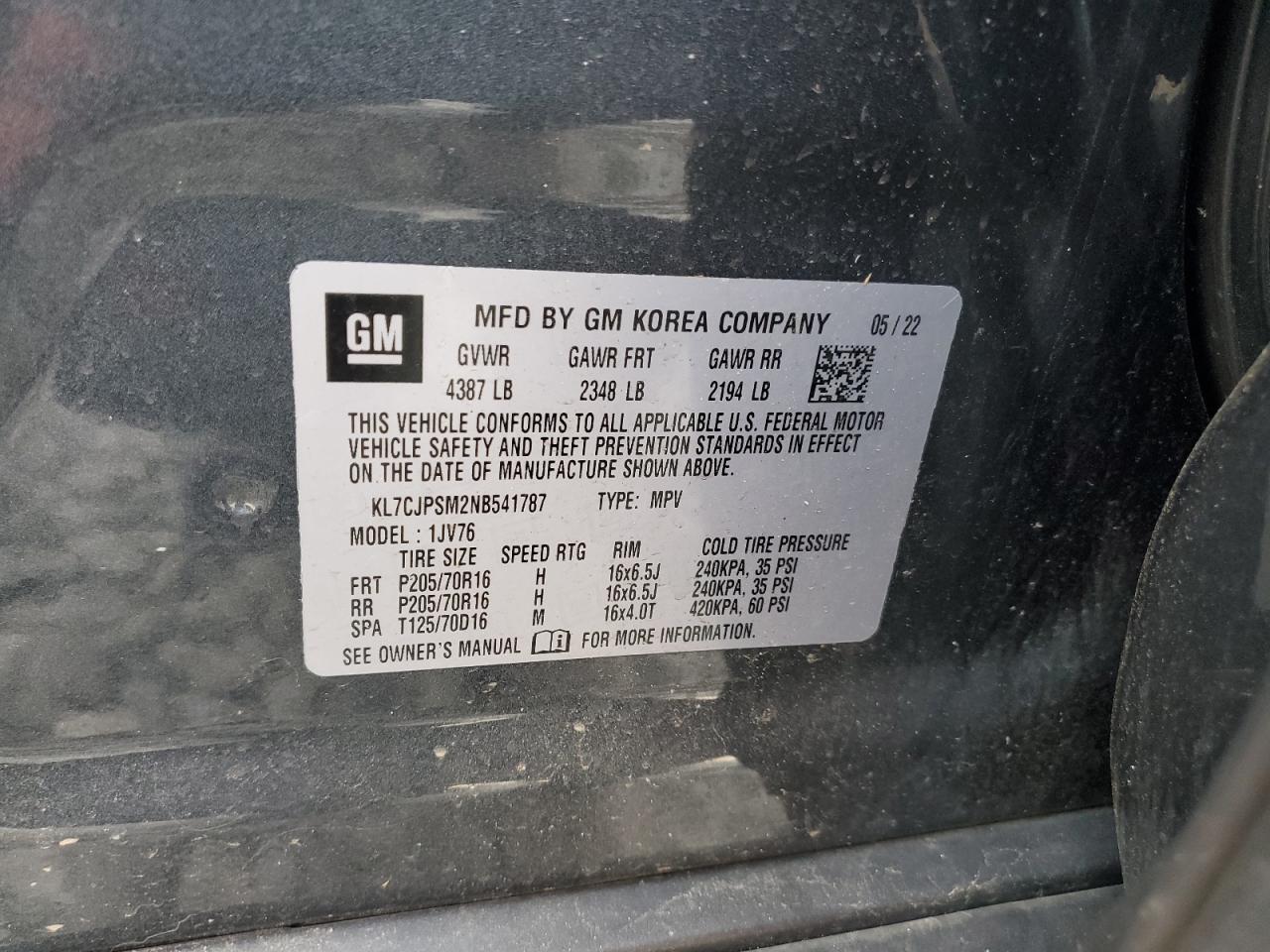 2022 Chevrolet Trax 1Lt VIN: KL7CJPSM2NB541787 Lot: 70861085