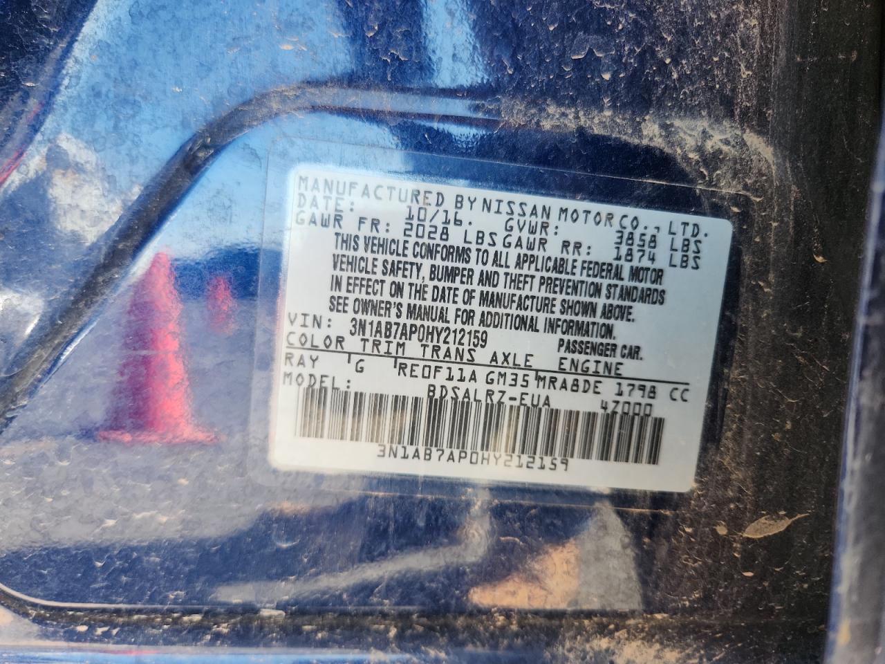 2017 Nissan Sentra S VIN: 3N1AB7AP0HY212159 Lot: 70210325