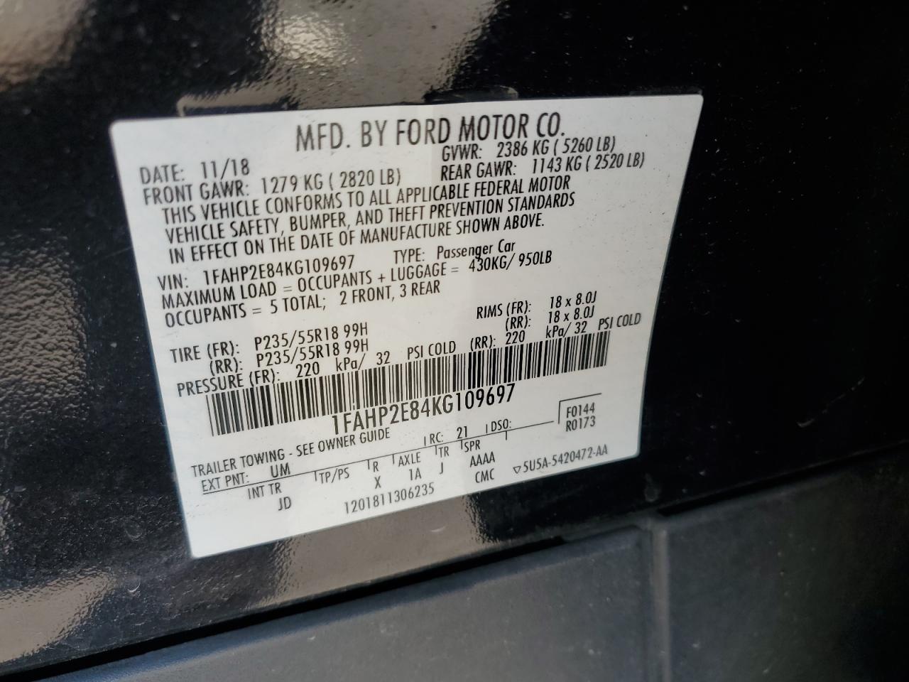 2019 Ford Taurus Sel VIN: 1FAHP2E84KG109697 Lot: 69474855