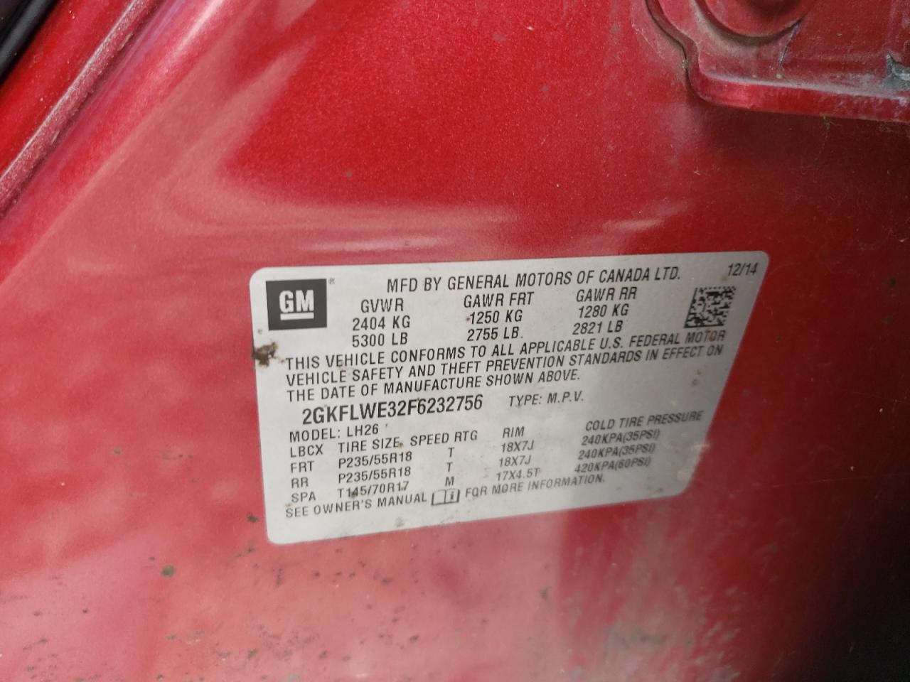 2015 GMC Terrain Sle VIN: 2GKFLWE32F6232756 Lot: 70115985