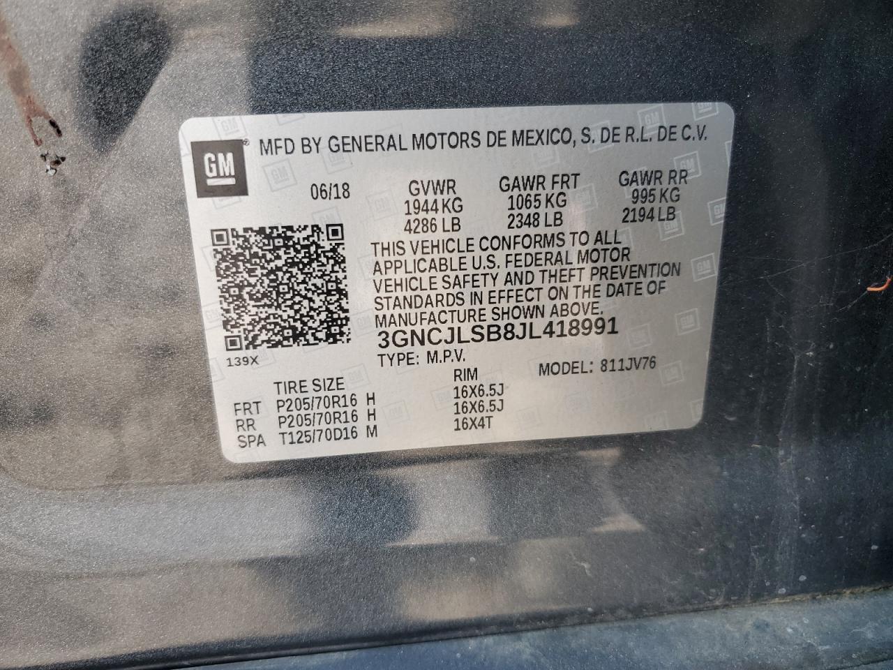 2018 Chevrolet Trax 1Lt VIN: 3GNCJLSB8JL418991 Lot: 68947325