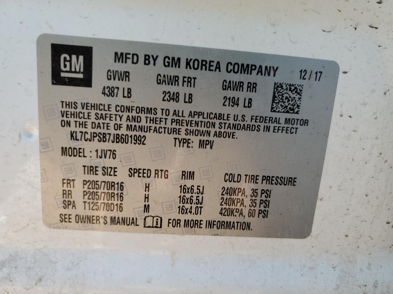 2018 Chevrolet Trax 1Lt VIN: KL7CJPSB7JB601992 Lot: 67638715