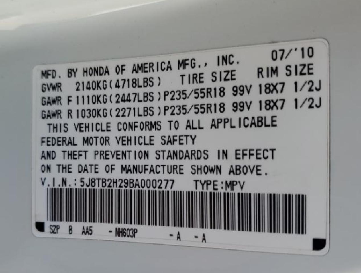 2011 Acura Rdx VIN: 5J8TB2H29BA000277 Lot: 67651005