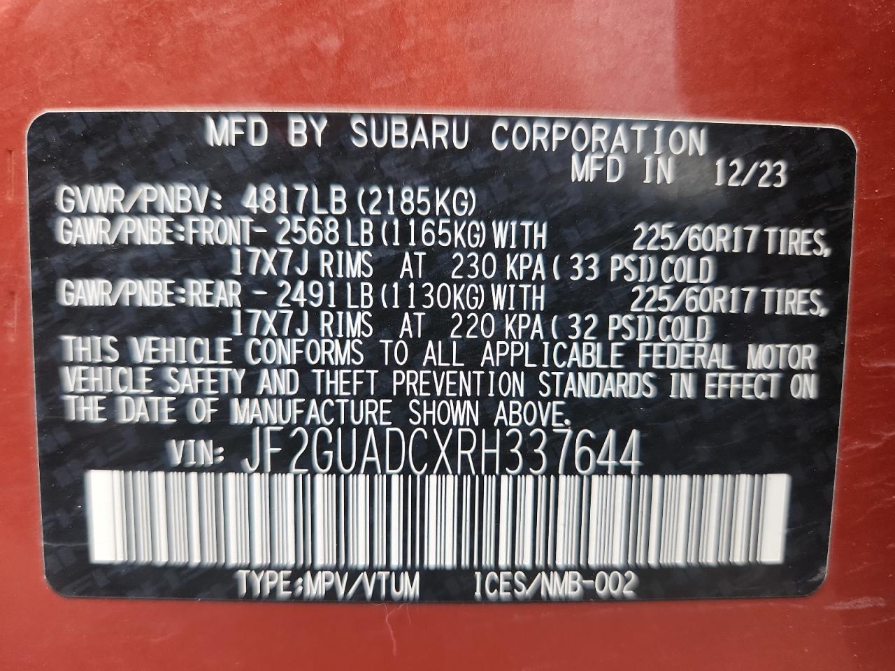 2024 Subaru Crosstrek Premium VIN: JF2GUADCXRH337644 Lot: 68958515
