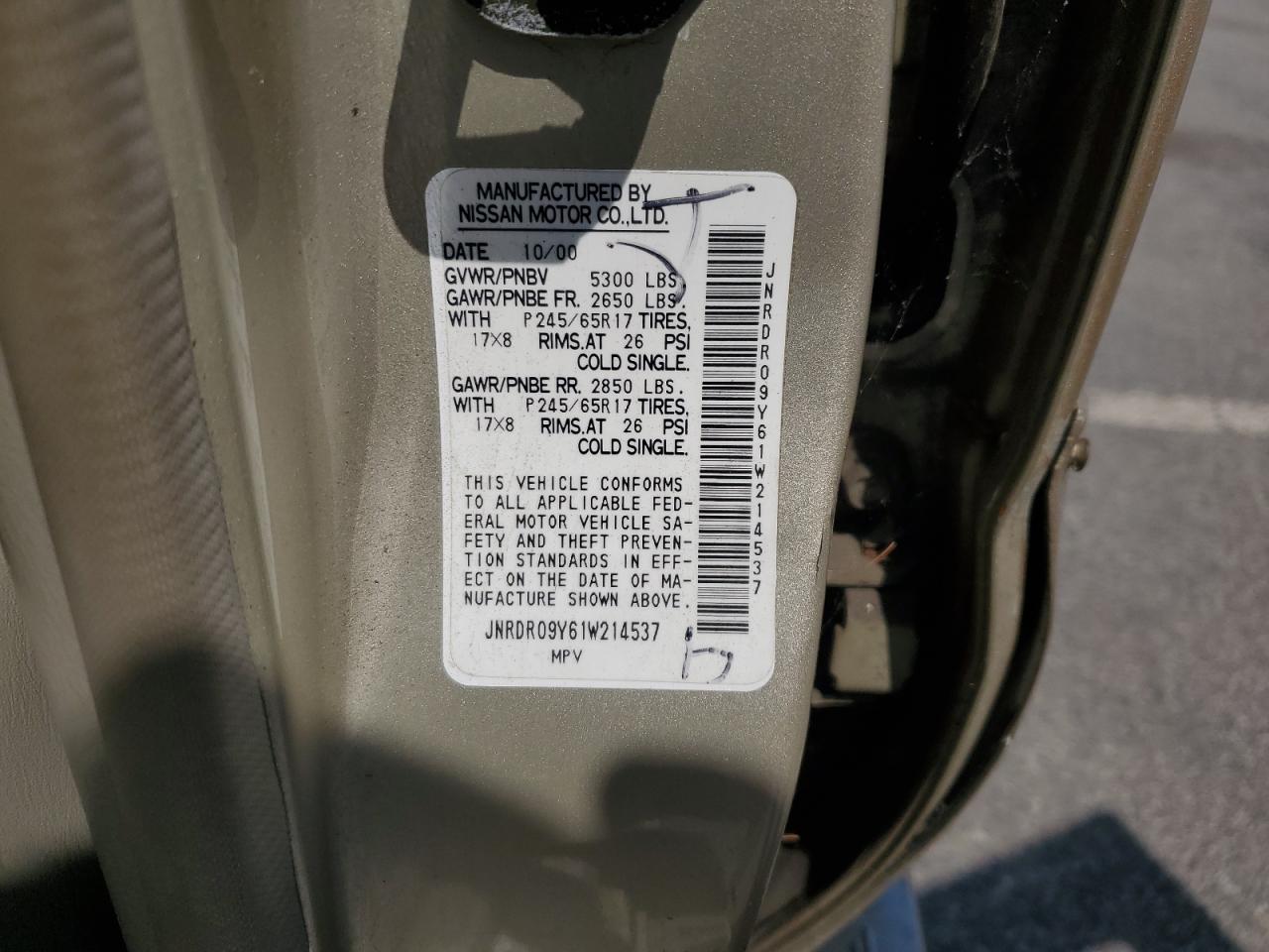 2001 Infiniti Qx4 VIN: JNRDR09Y61W214537 Lot: 68055245