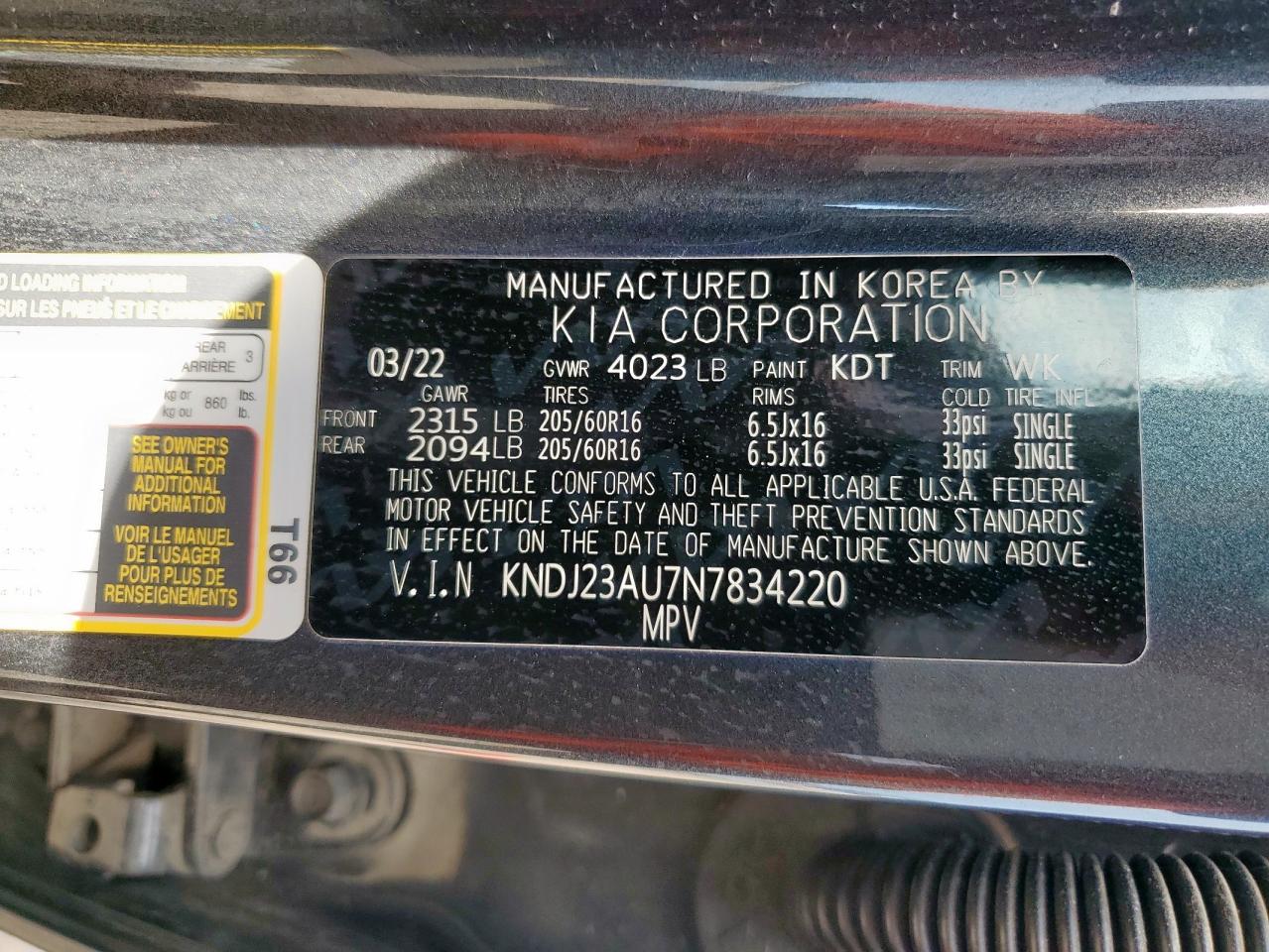 2022 Kia Soul Lx VIN: KNDJ23AU7N7834220 Lot: 70318365