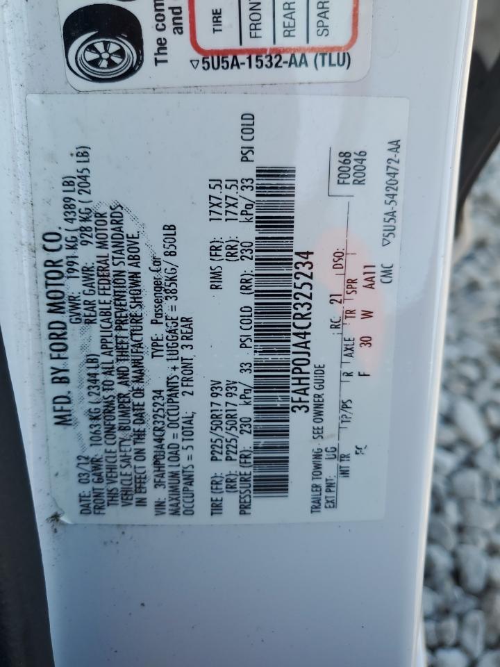 2012 Ford Fusion Sel VIN: 3FAHP0JA4CR325234 Lot: 70520865