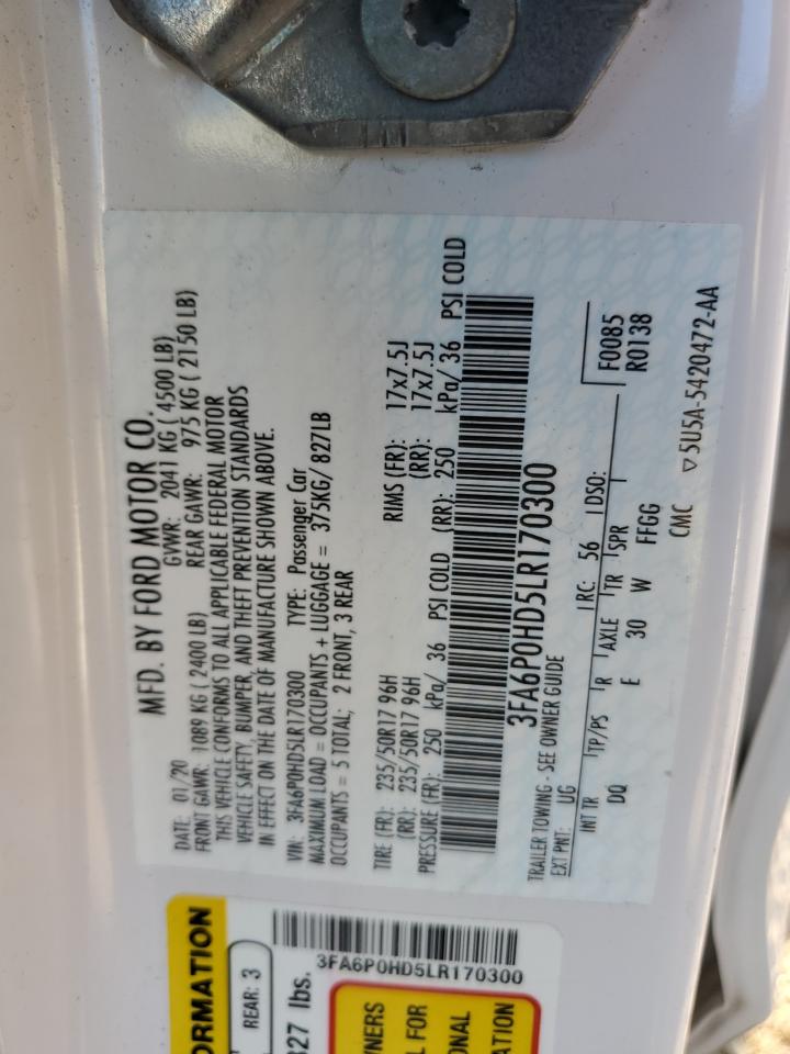 2020 Ford Fusion Se VIN: 3FA6P0HD5LR170300 Lot: 69155625