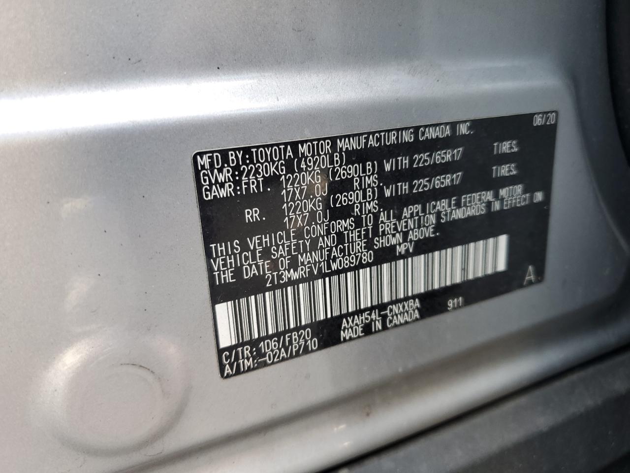 2020 Toyota Rav4 Le VIN: 2T3MWRFV1LW089780 Lot: 67664315