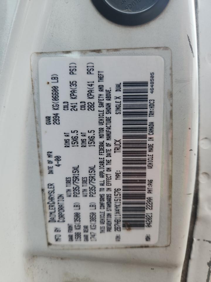 2000 Dodge Ram Van B1500 VIN: 2B7HB11X4YK151576 Lot: 67096915