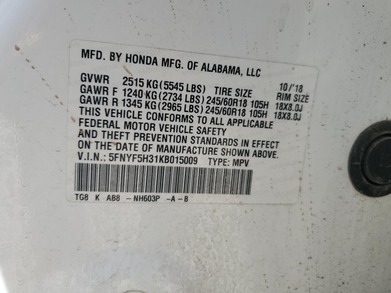 2019 Honda Pilot Ex VIN: 5FNYF5H31KB015009 Lot: 68760025