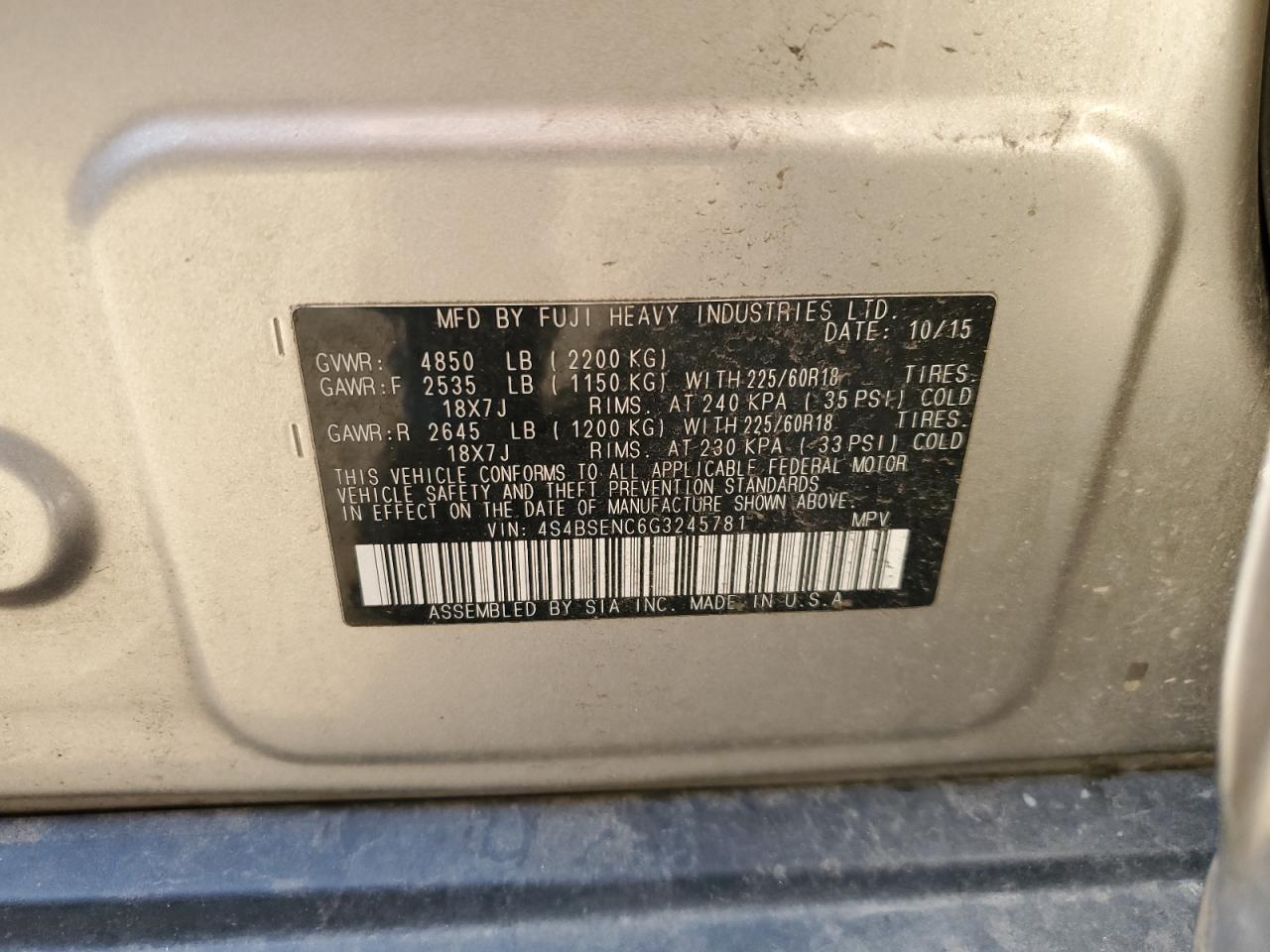 2016 Subaru Outback 3.6R Limited VIN: 4S4BSENC6G3245781 Lot: 68547485