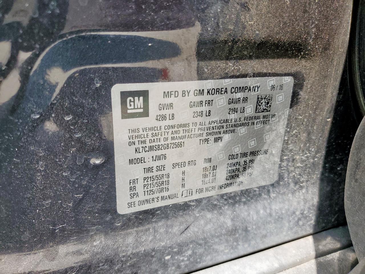 2016 Chevrolet Trax Ltz VIN: KL7CJMSB2GB725661 Lot: 66304955