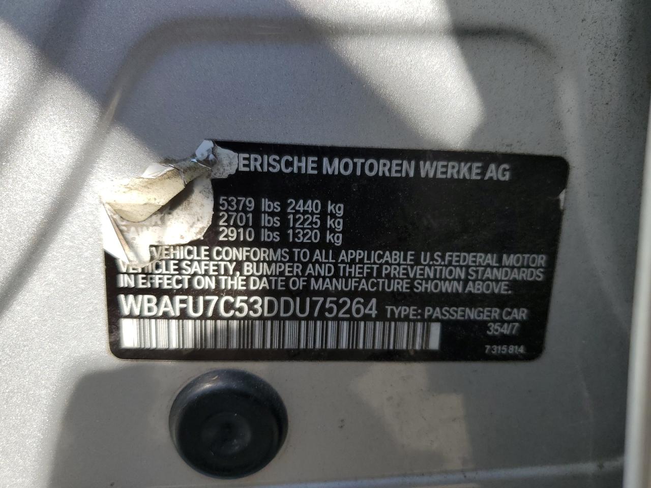 2013 BMW 535 Xi VIN: WBAFU7C53DDU75264 Lot: 70741895