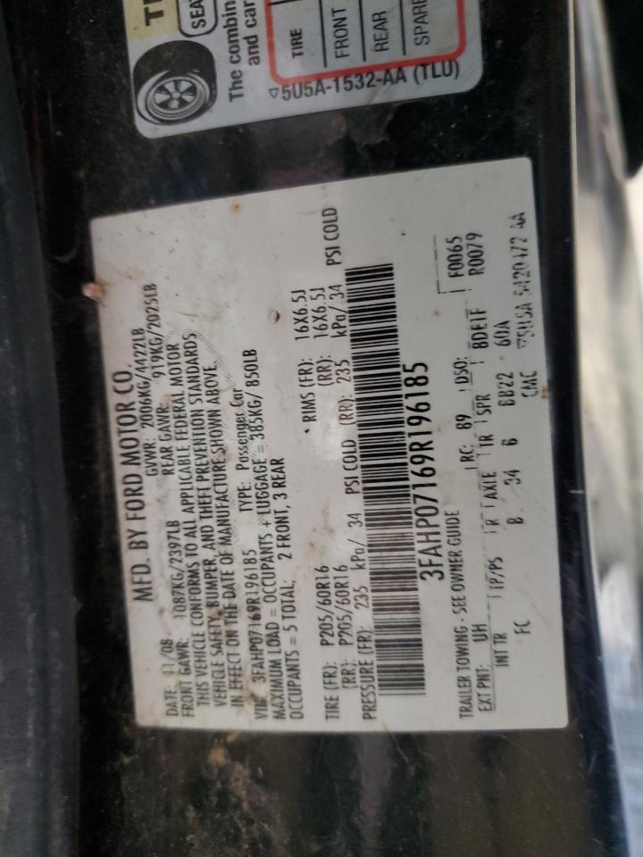 2009 Ford Fusion Se VIN: 3FAHP07169R196185 Lot: 70293055