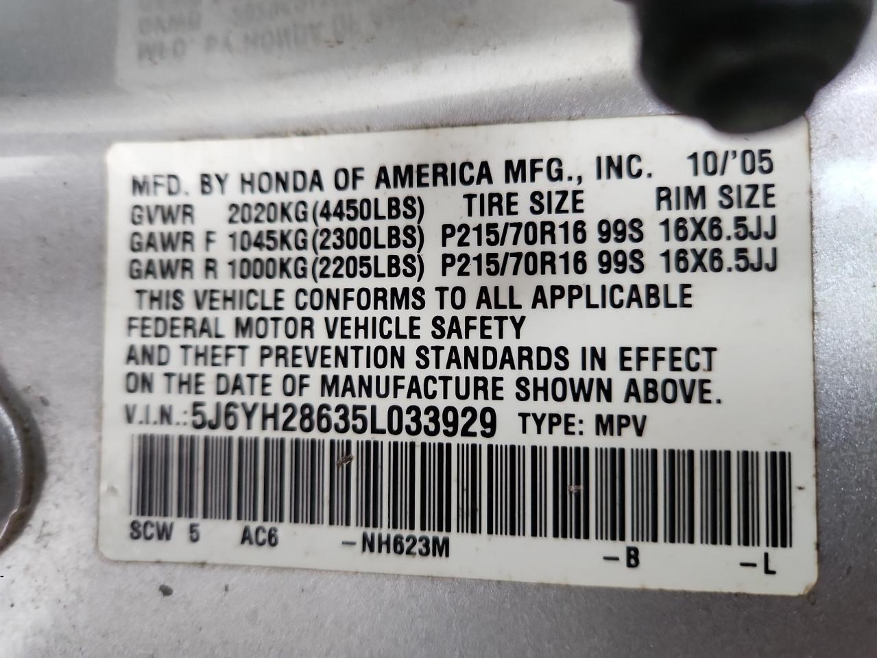 2005 Honda Element Ex VIN: 5J6YH28635L033929 Lot: 67927365
