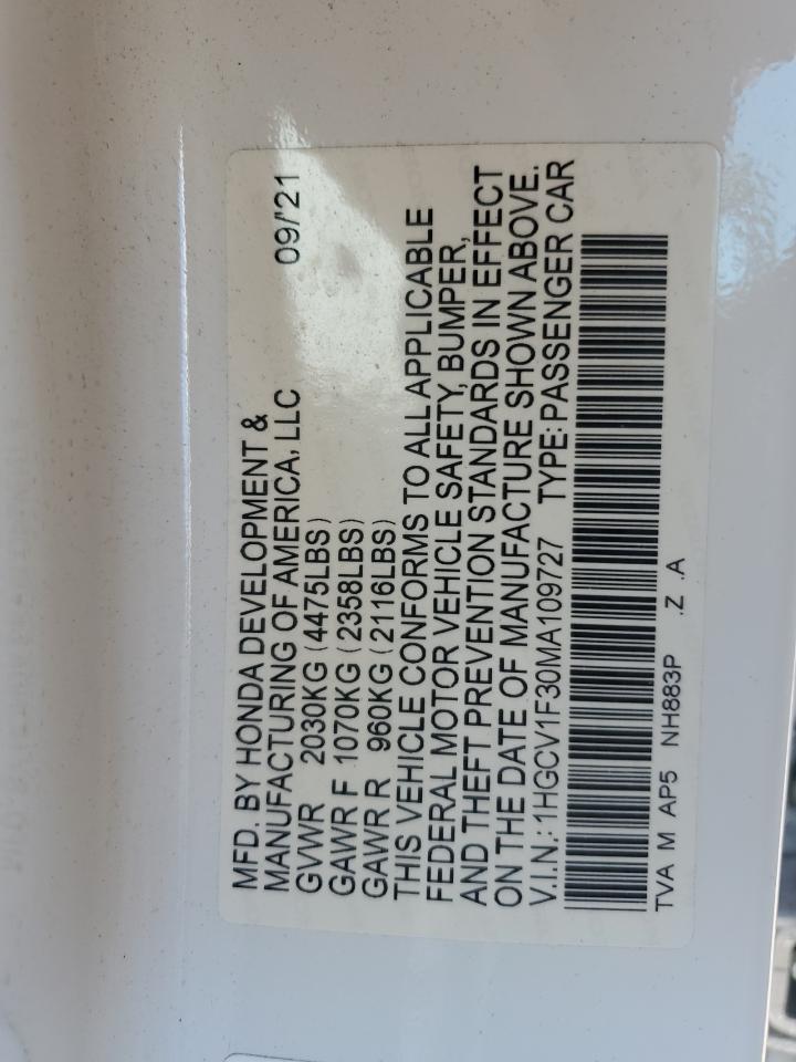 2021 Honda Accord Sport VIN: 1HGCV1F30MA109727 Lot: 70252625
