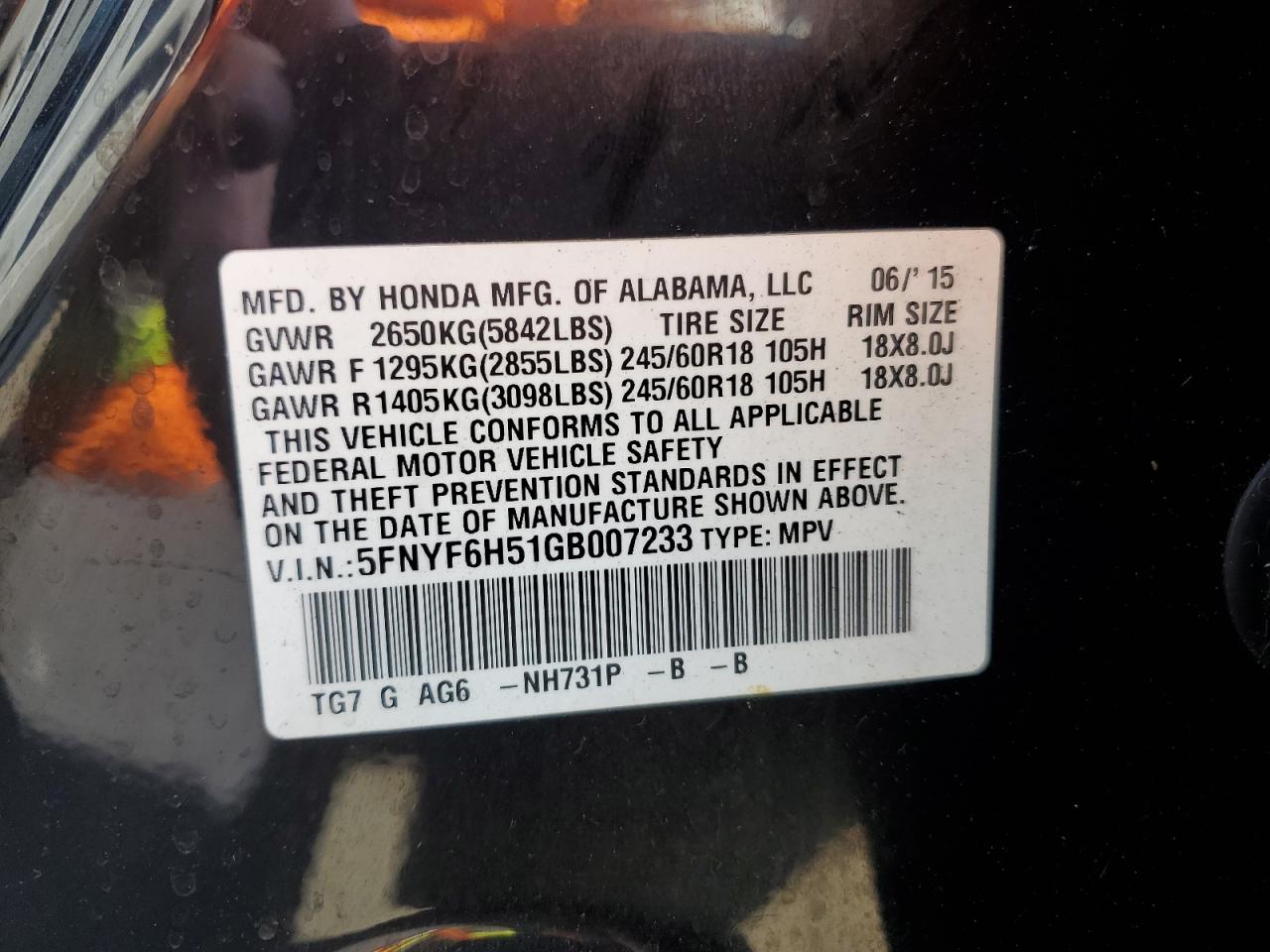 2016 Honda Pilot Exl VIN: 5FNYF6H51GB007233 Lot: 68620655