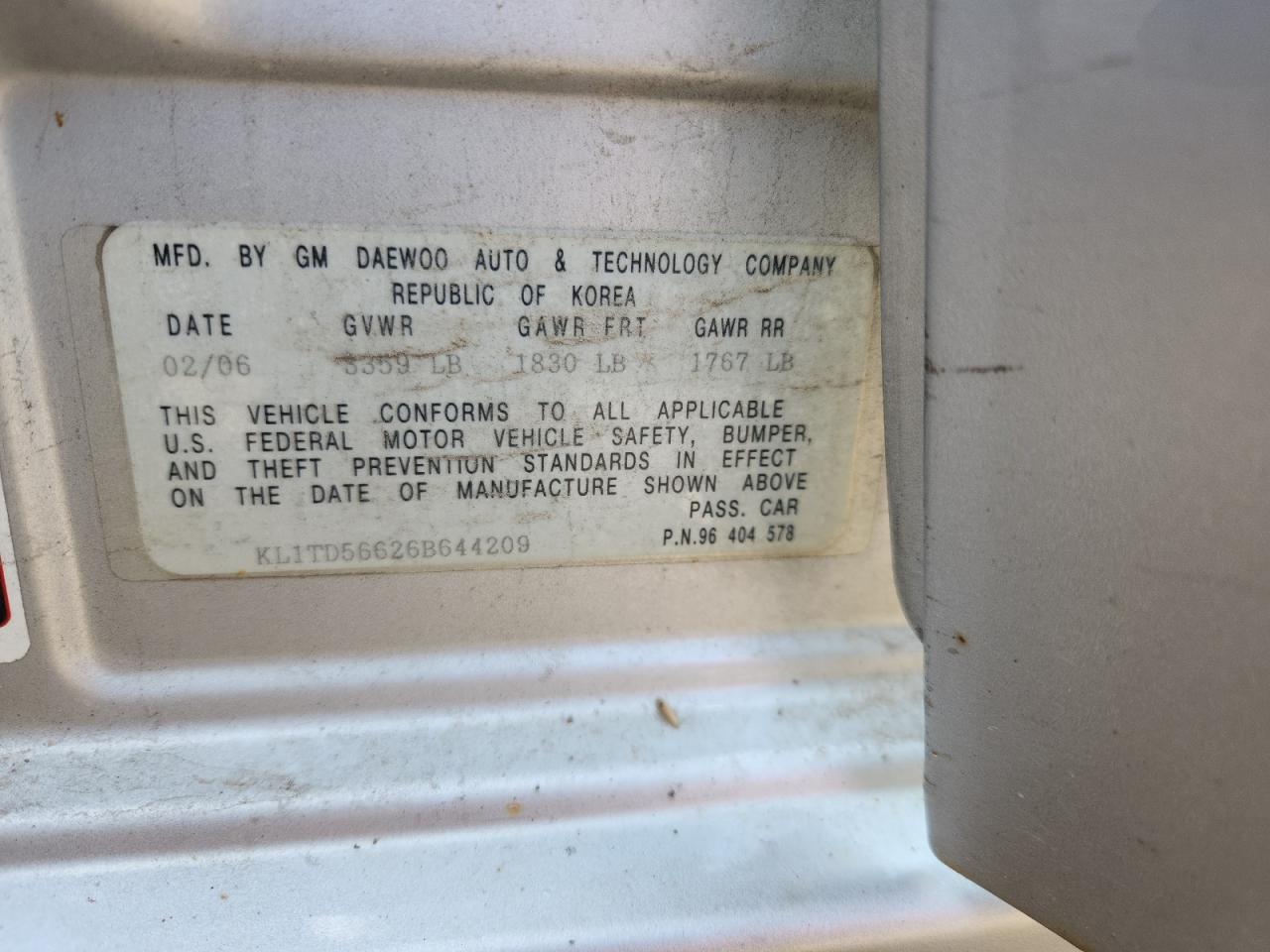 2006 Chevrolet Aveo Base VIN: KL1TD56626B644209 Lot: 72082005