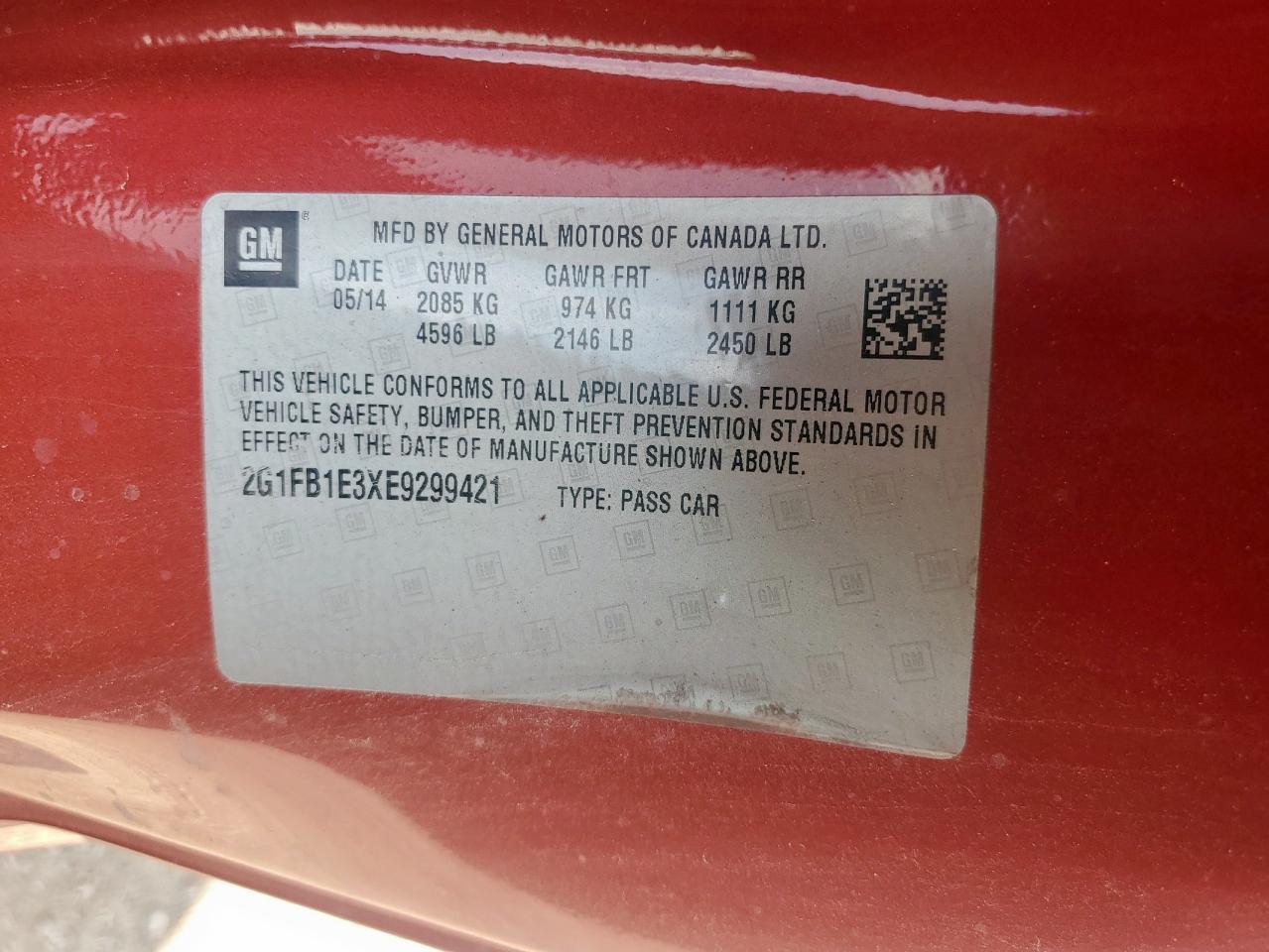 2014 Chevrolet Camaro Lt VIN: 2G1FB1E3XE9299421 Lot: 67730685