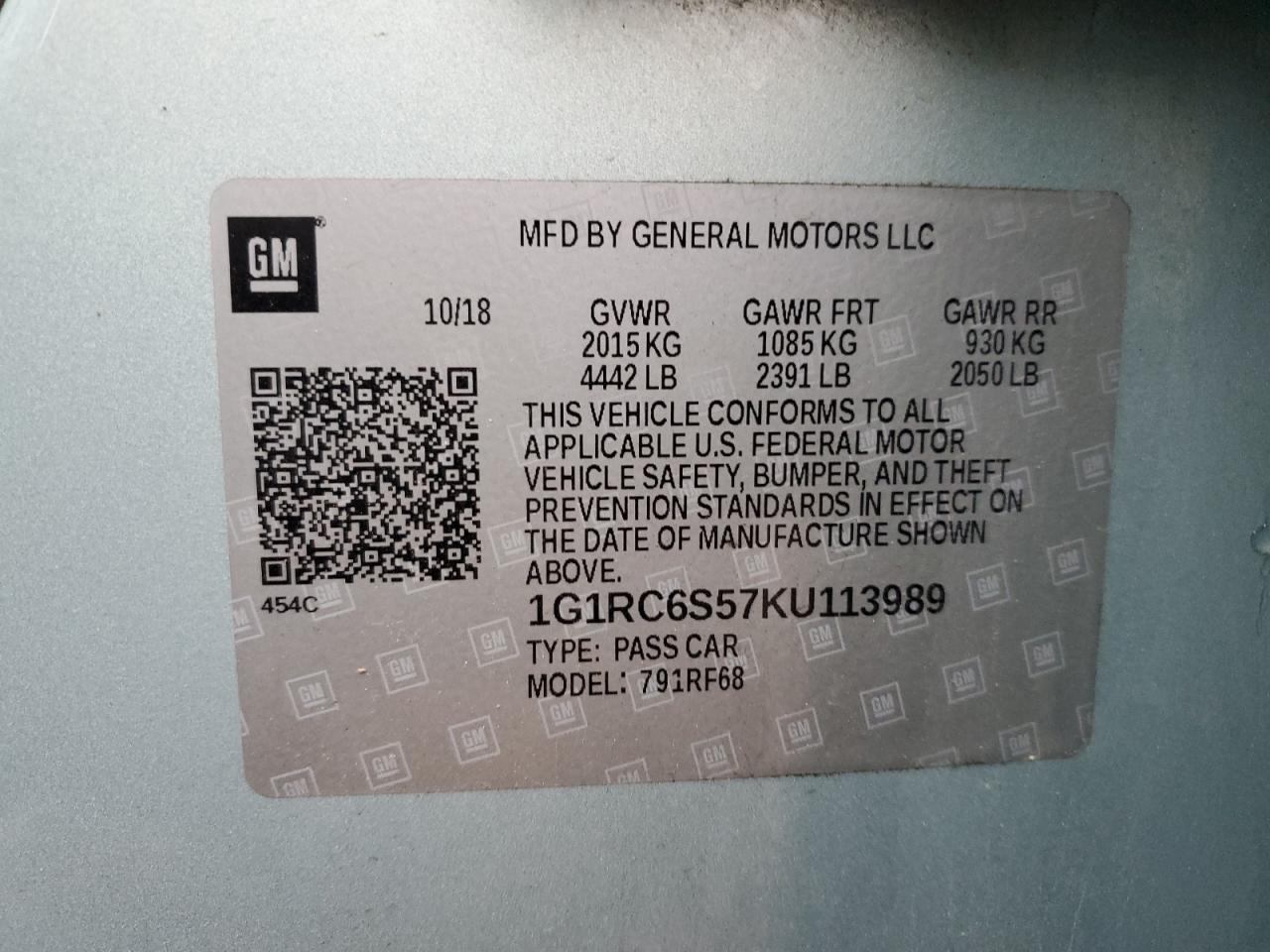 2019 Chevrolet Volt Lt VIN: 1G1RC6S57KU113989 Lot: 68254165