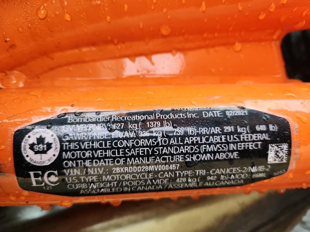 2021 Can-Am Spyder Roadster F3-S VIN: 2BXRDDD28MV000457 Lot: 69186915