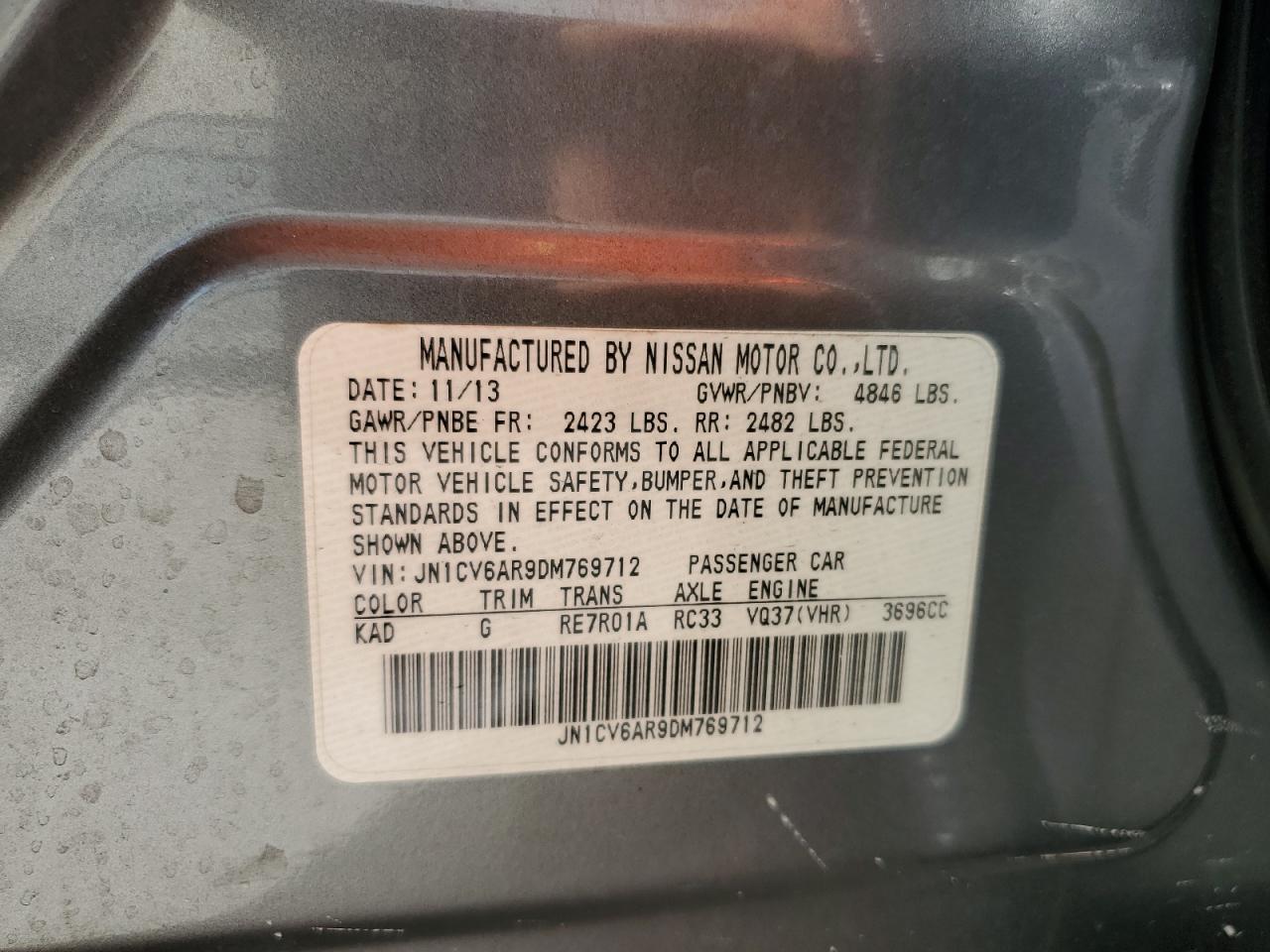2013 Infiniti G37 VIN: JN1CV6AR9DM769712 Lot: 70753695