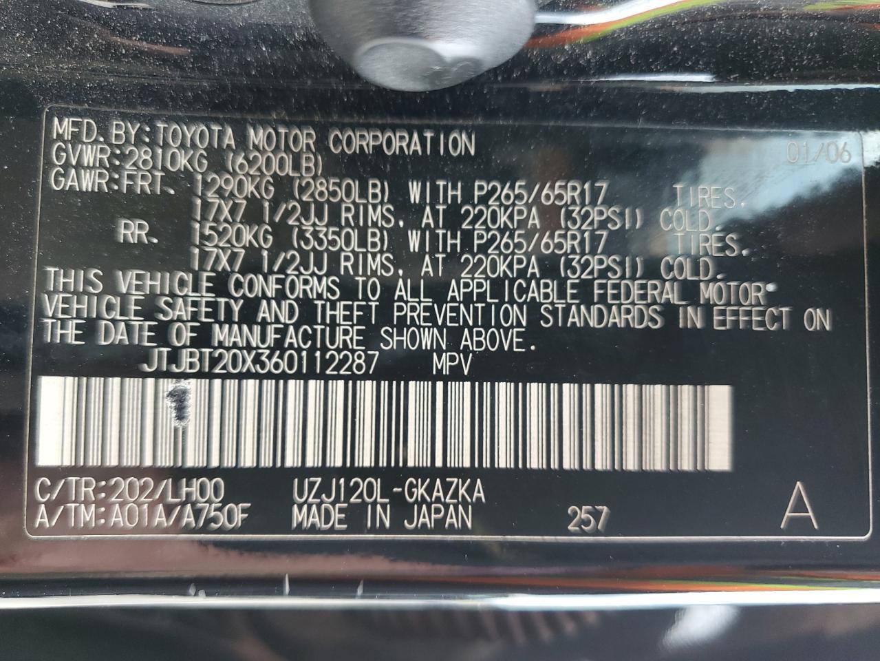2006 Lexus Gx 470 VIN: JTJBT20X060123456 Lot: 68468955