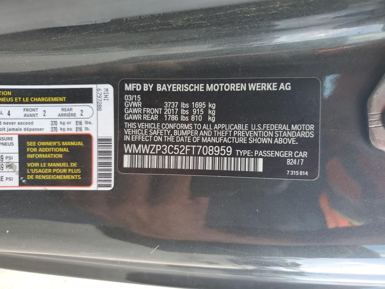 2015 Mini Cooper S VIN: WMWZP3C52FT708959 Lot: 67742345