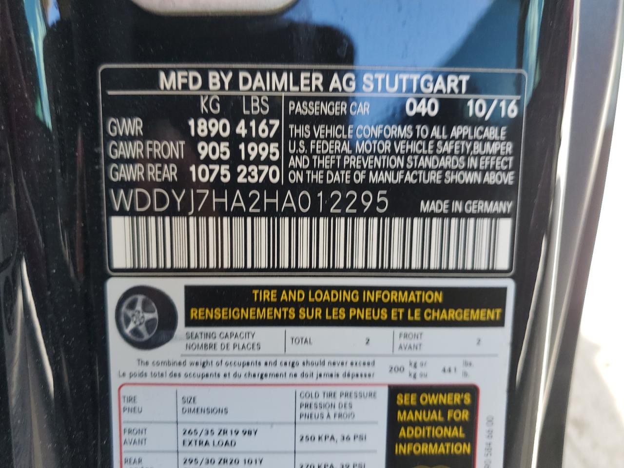 2017 Mercedes-Benz Amg Gt VIN: WDDYJ7HA2HA012295 Lot: 68916625