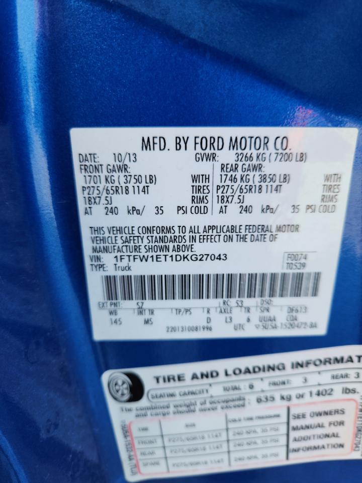 2013 Ford F150 Supercrew VIN: 1FTFW1ET1DKG27043 Lot: 90831495