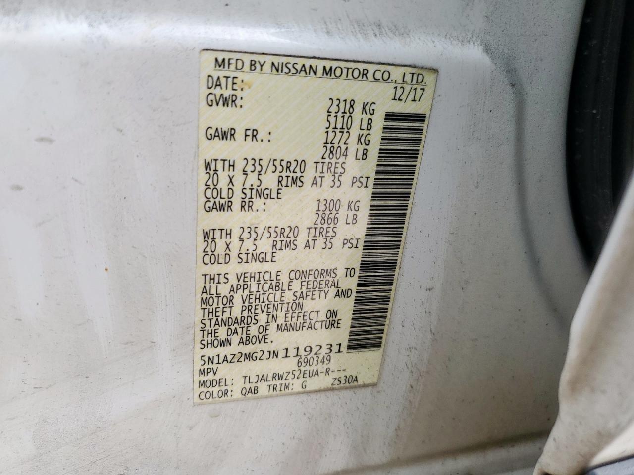 2018 Nissan Murano S VIN: 5N1AZ2MG2JN119231 Lot: 70942805