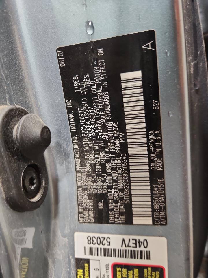 2008 Toyota Sienna Xle VIN: 5TDZK22CX8S105240 Lot: 69240485