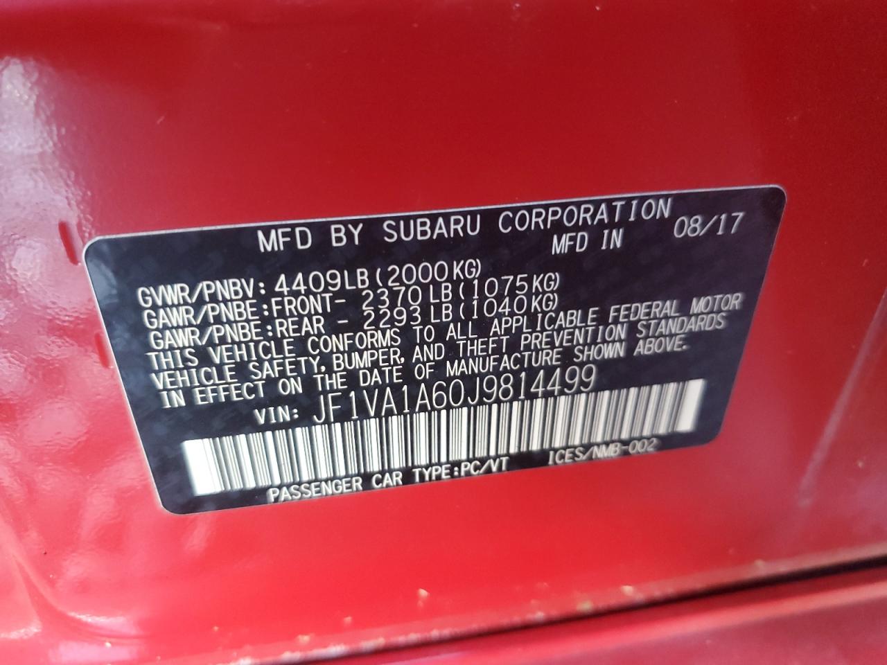 2018 Subaru Wrx VIN: JF1VA1A60J9814499 Lot: 69822125