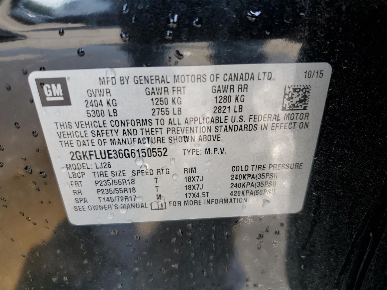 2016 GMC Terrain Slt VIN: 2GKFLUE36G6150552 Lot: 66960985