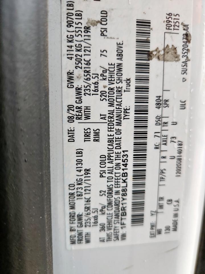 2020 Ford Transit T-250 VIN: 1FTBR1Y88LKB14531 Lot: 69631205