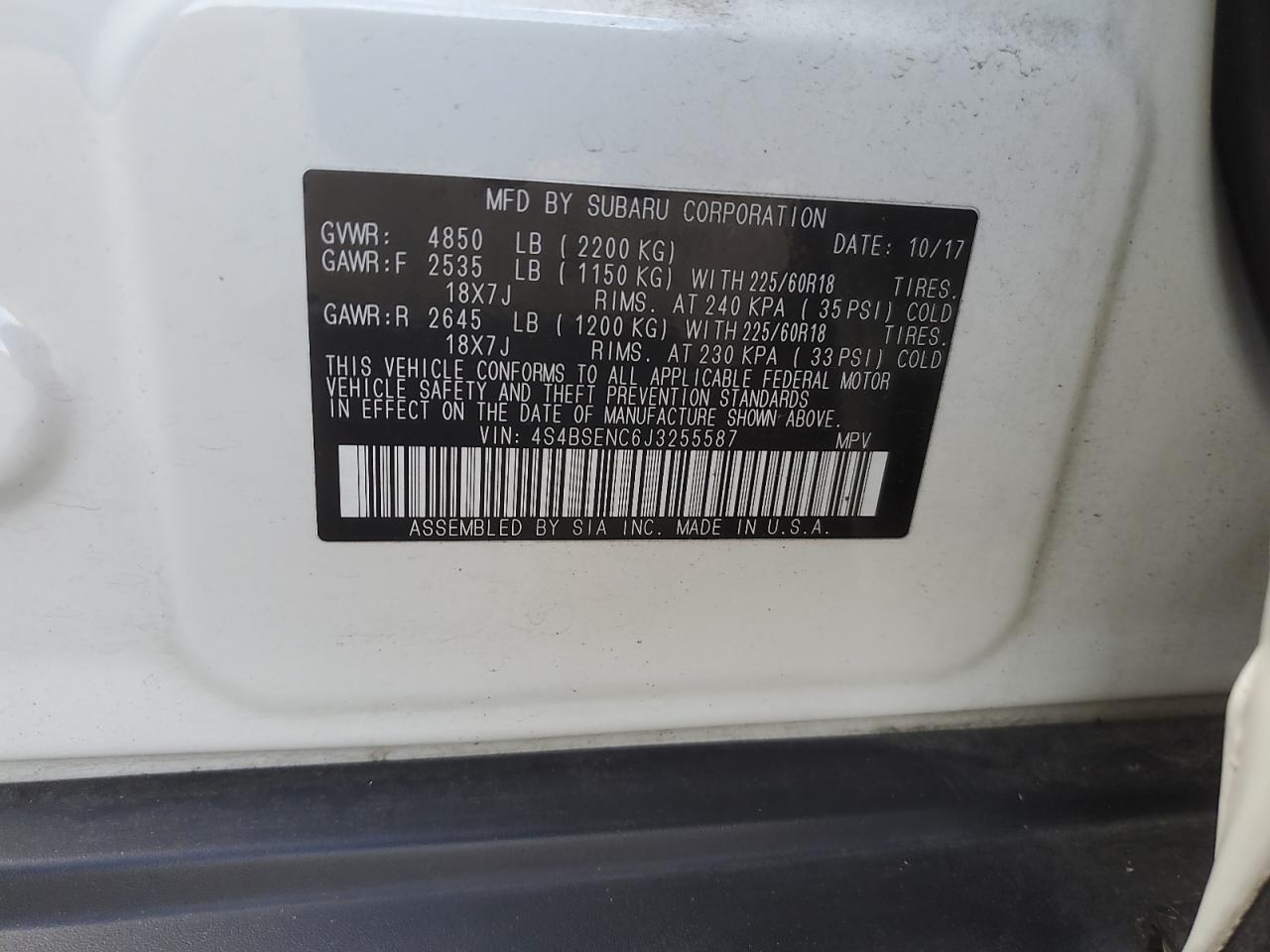 2018 Subaru Outback 3.6R Limited VIN: 4S4BSENC6J3255587 Lot: 69328005
