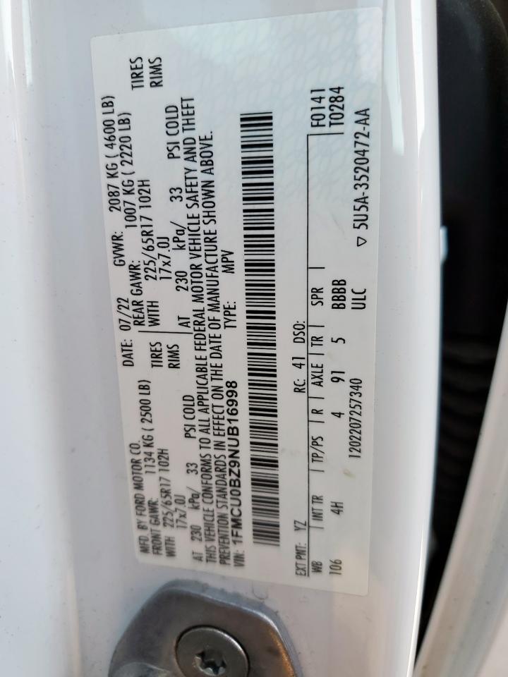 2022 Ford Escape Se VIN: 1FMCU0BZ9NUB16998 Lot: 68327315