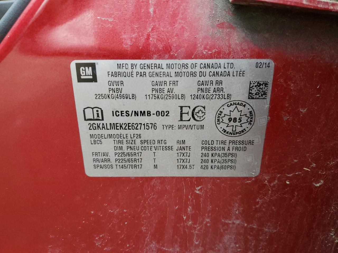 2014 GMC Terrain Sle VIN: 2GKALMEK2E6271576 Lot: 65697065