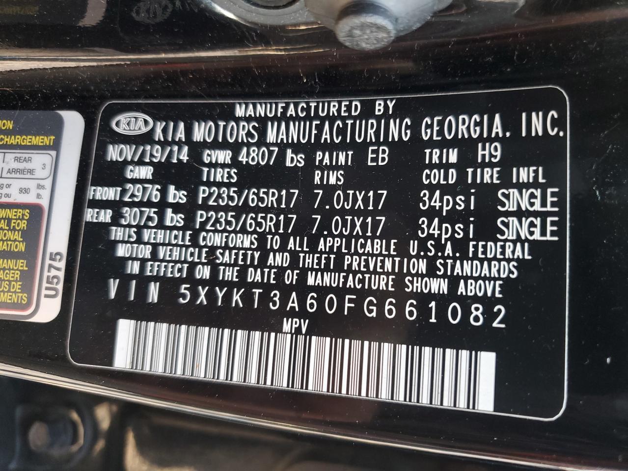 2015 Kia Sorento VIN: 5XYKJ3AC0FG661082 Lot: 69022585