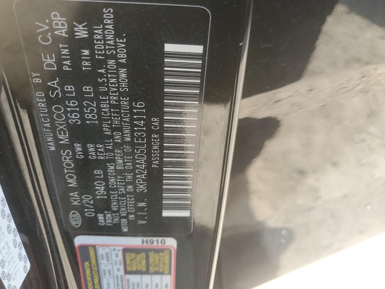 2020 Kia Rio Lx VIN: 3KPA24AD5LE314116 Lot: 68475245